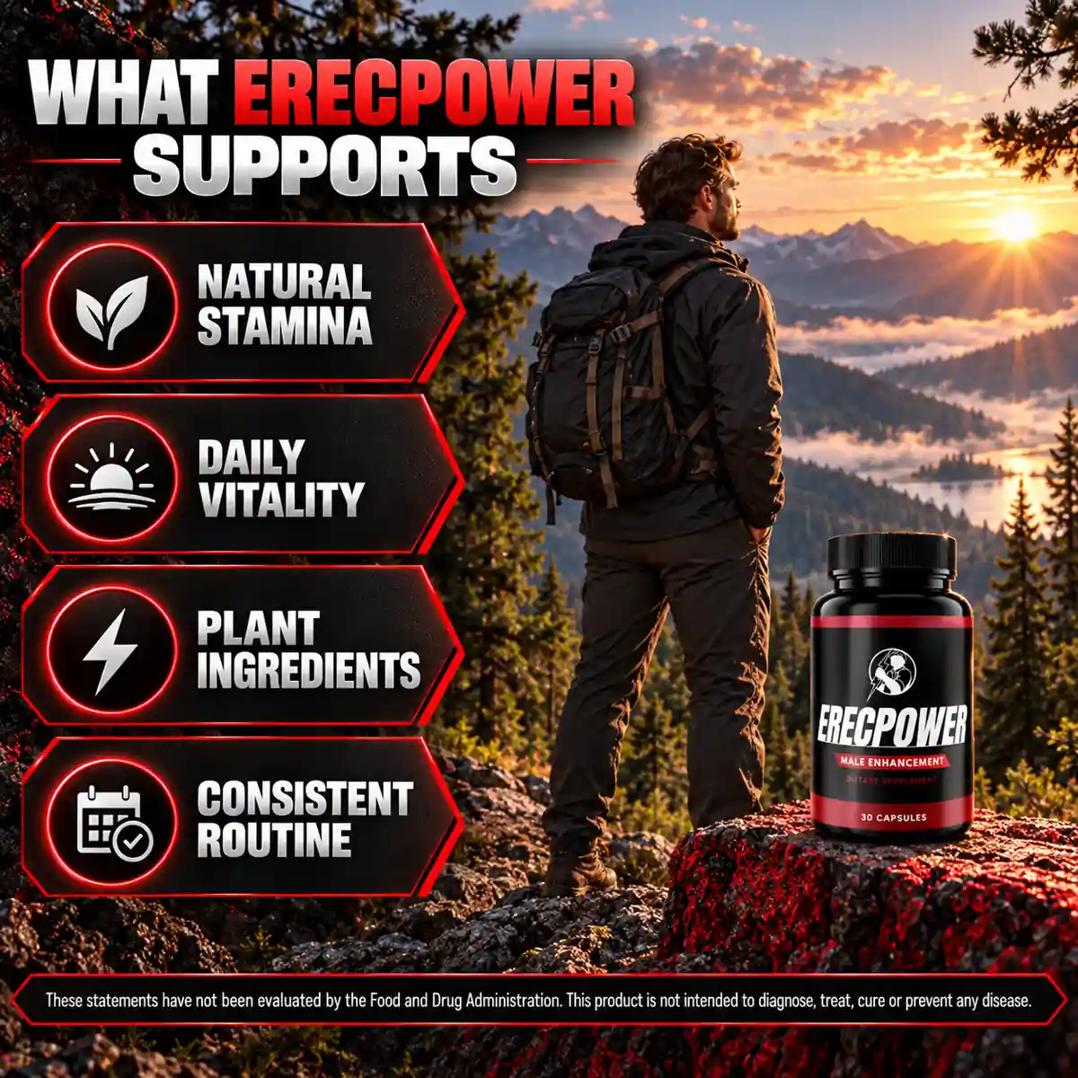 The manufacturer's What ErecPower Supports panel, listing natural stamina, daily vitality, plant ingredients and consistent routine